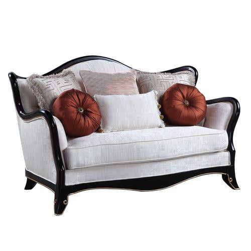 Beige Linen Tufted Loveseat with Gold Trim Wood Frame