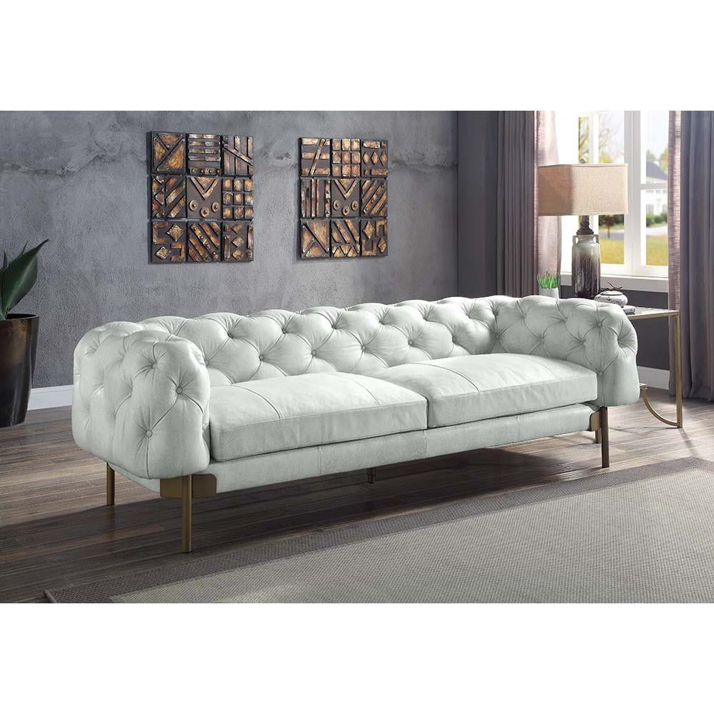 Vintage White Tufted Leather Chesterfield Sofa with Metal Legs