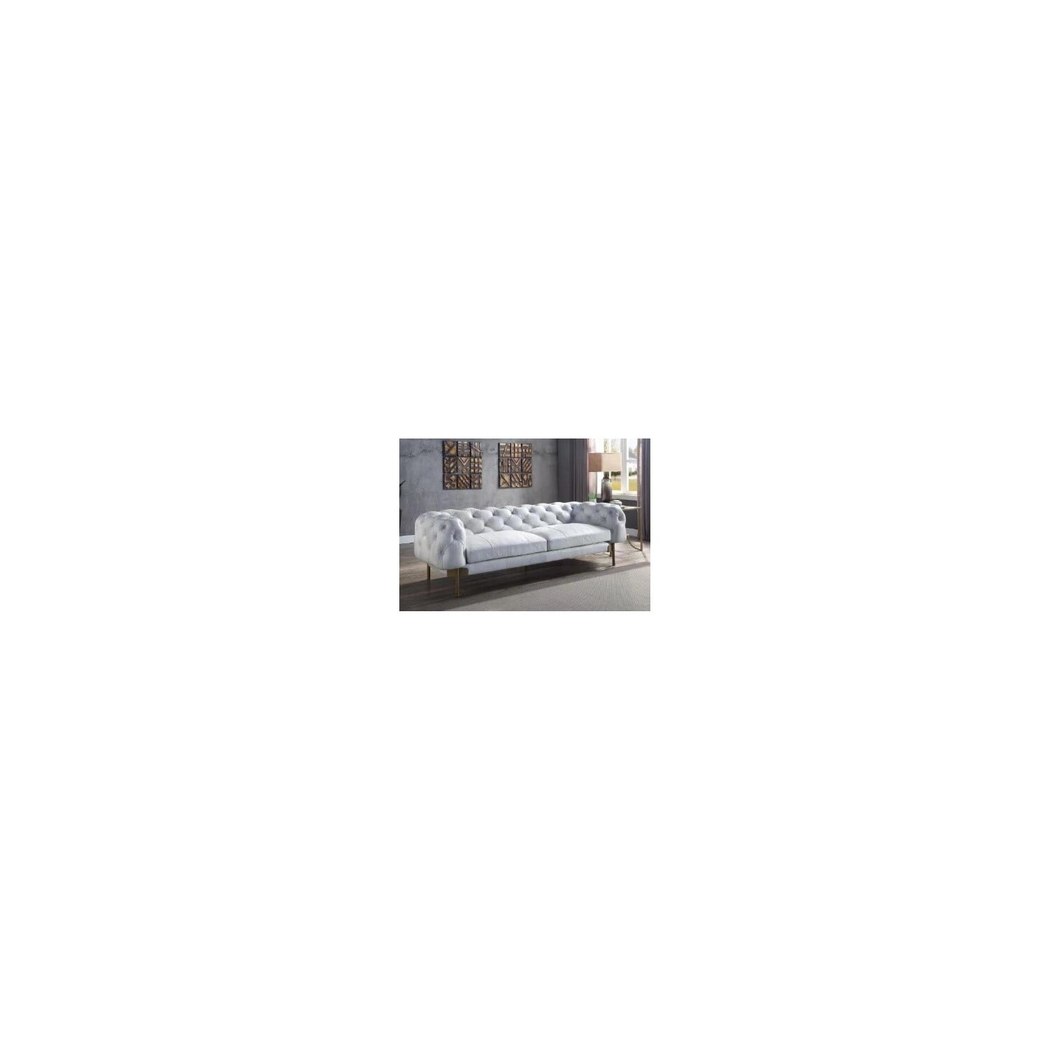 Vintage White Tufted Leather Chesterfield Sofa with Metal Legs