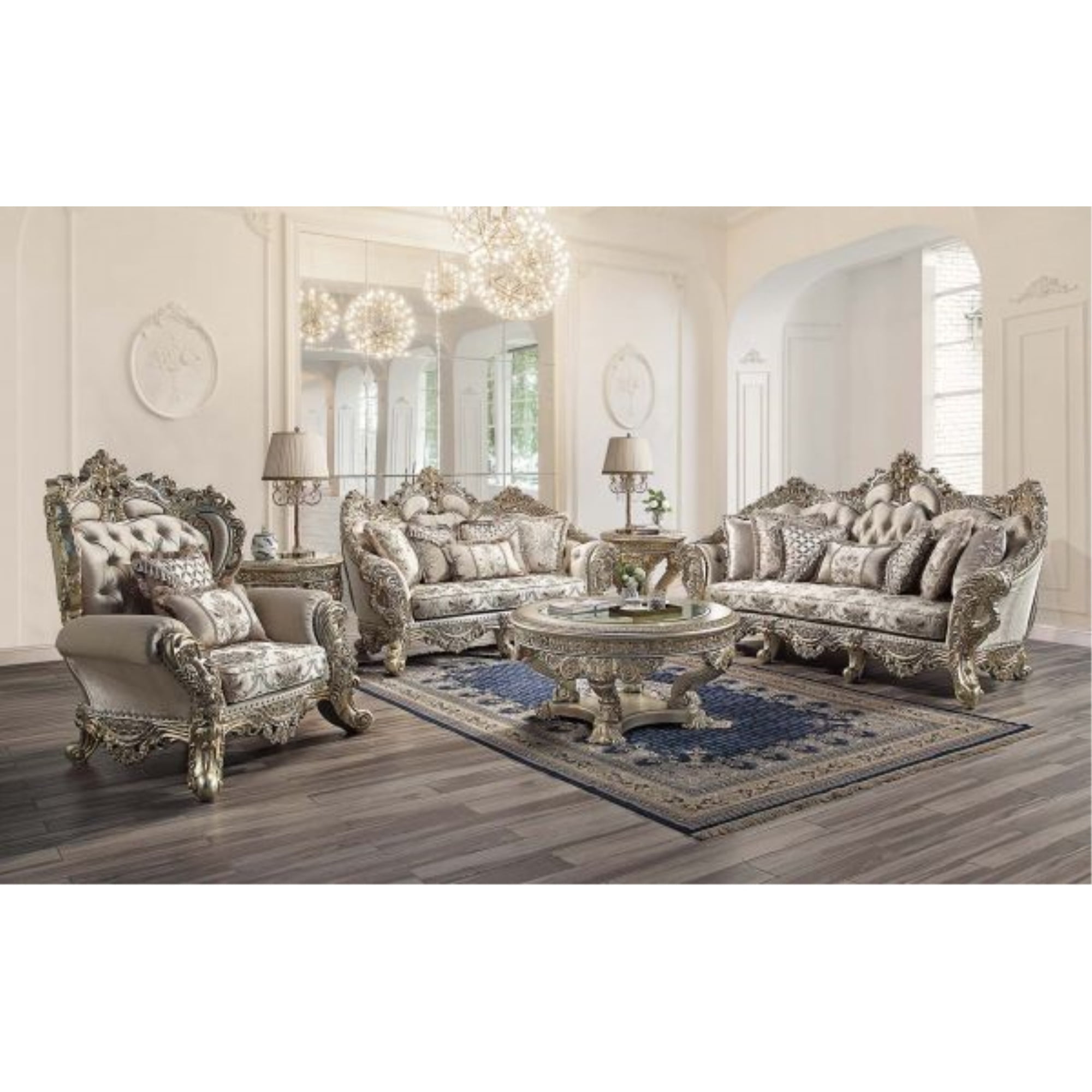 Danae Champagne and Gold Floral Tufted Chair with Pillows