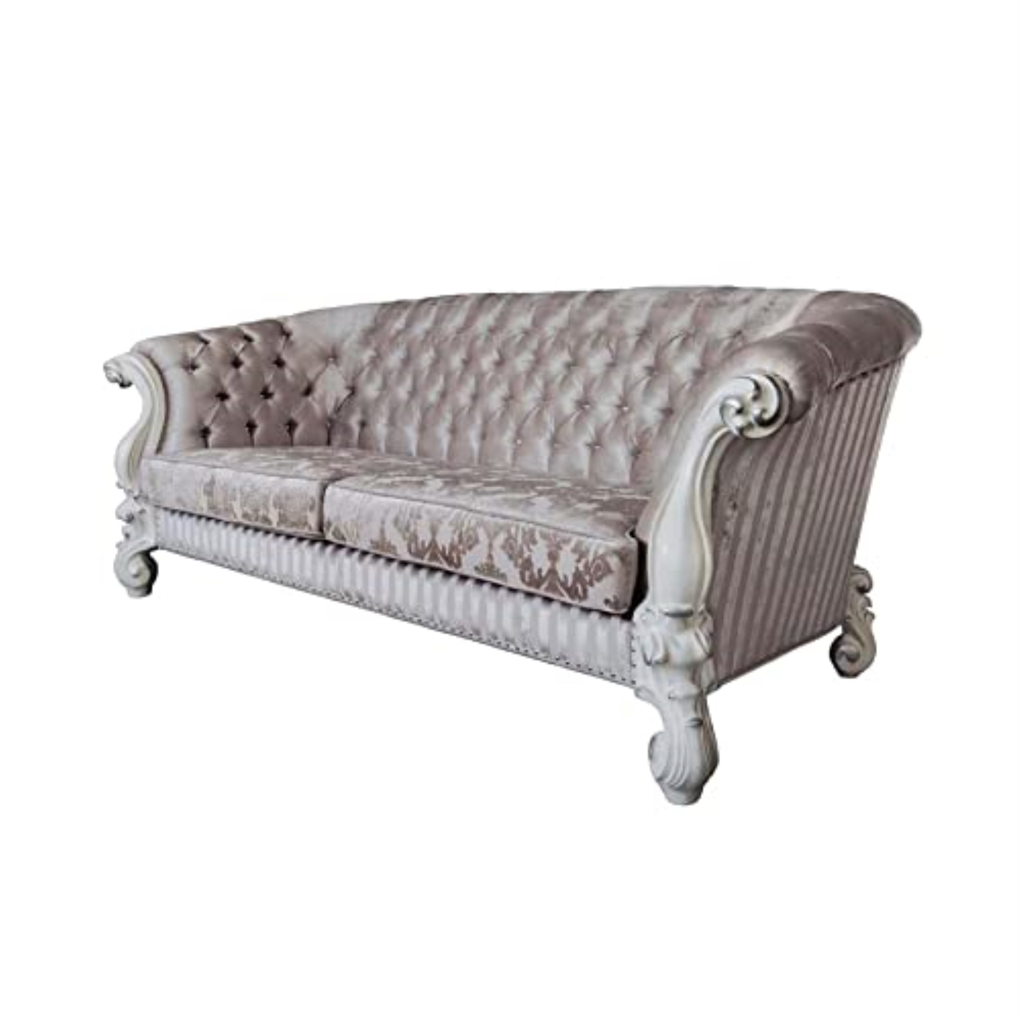 99" Ivory Velvet Tufted Sofa with Rolled Arms and Nailhead Trim