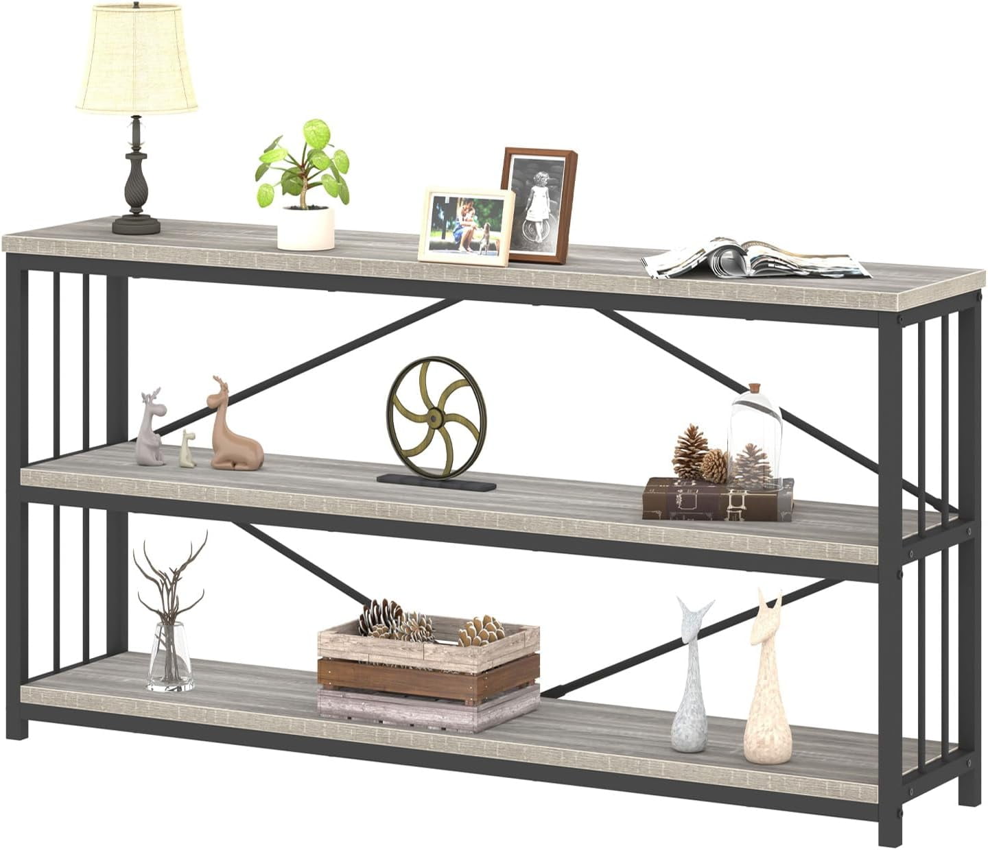 LVB Rustic Console Table, Industrial Modern Sofa Table Behind Couch, Long Metal Wood Entryway Table With Storage Shelf, Farmhouse Foyer Hallway Table For Home Living Room Bedroom, Dark Gray Oak, 63