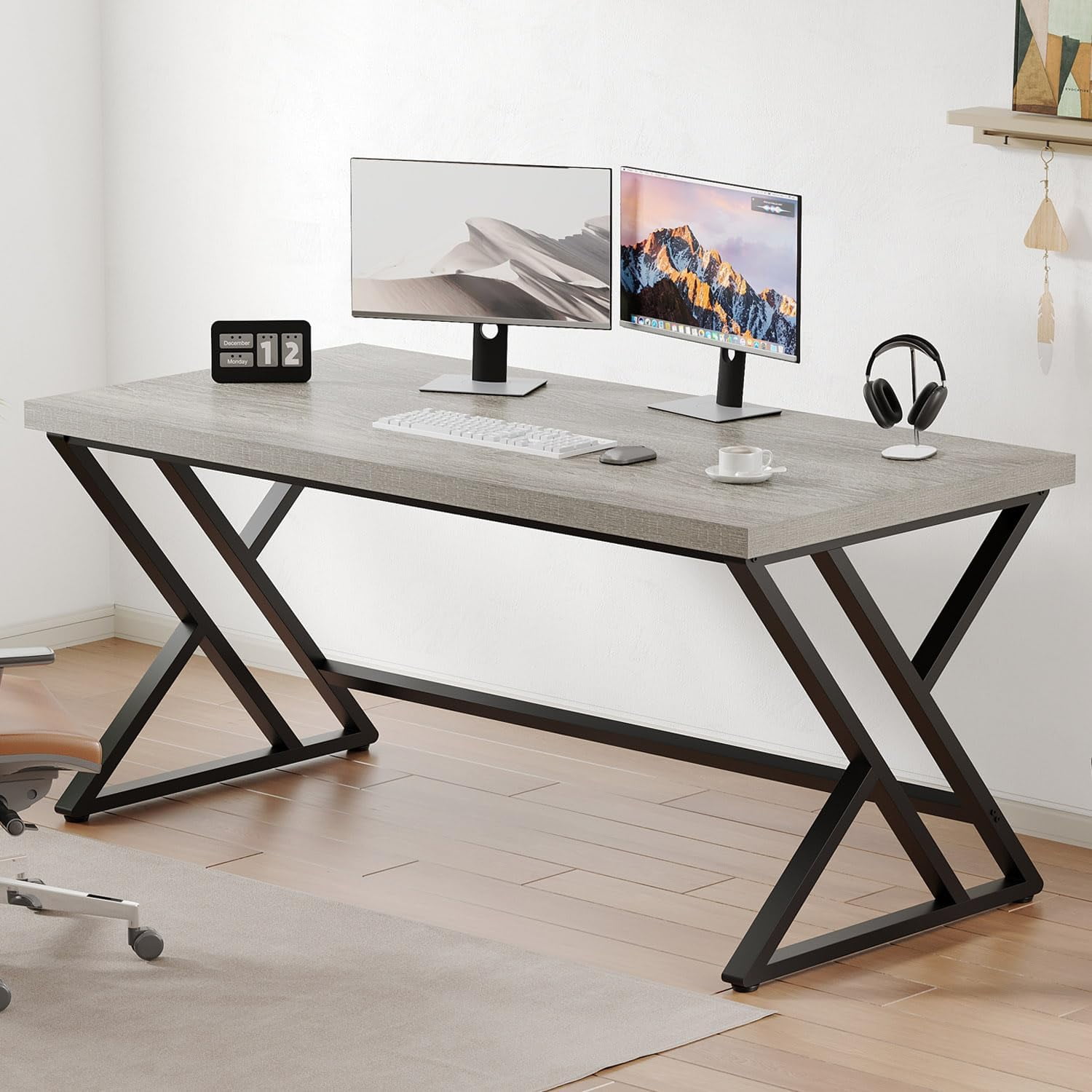 LVB Grey Computer Office Desk,  Wood PC Gaming Gray Desk for Home Office, Modern Wooden Metal Study Work Bedroom Table, Farmhouse Executive Writing Desk with Storage, 55 Inch, Light Grey Oak