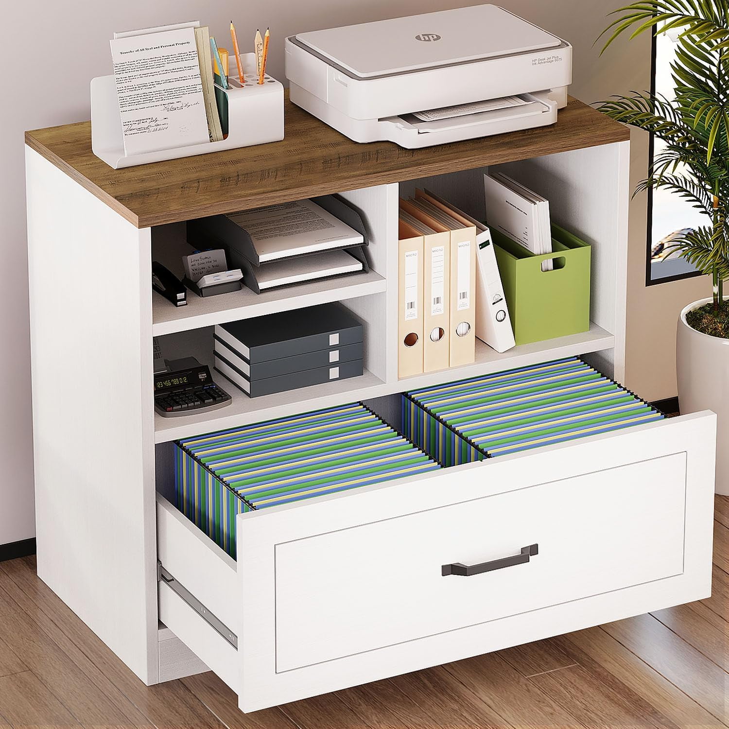 LVB Lateral File Cabinets for Home Office, Wood Filing Cabinet Drawers for Letter/Legal/A4/F4 Size, Farmhouse Storage File Cabinet Printer Stand with Open Shelf, 32.7 Inch, White and Rustic Oak
