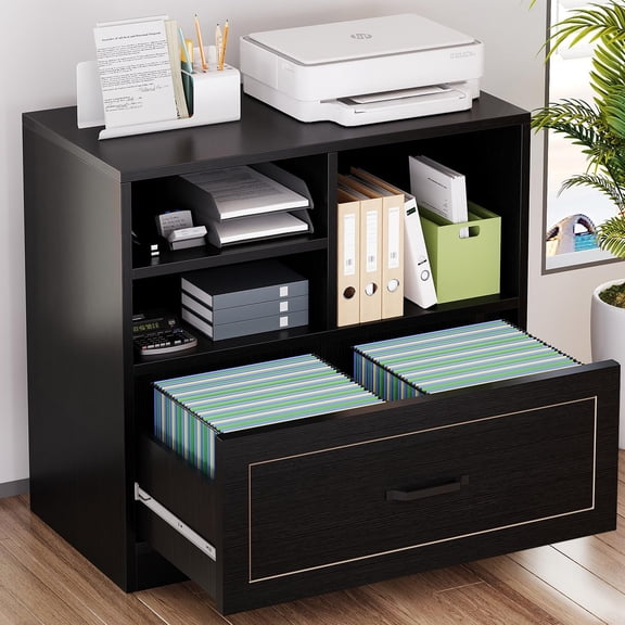 LVB Lateral Filing Cabinet with Drawer, Black Wood File Cabinet Printer Stand with Storage Shelves for Home Office, Modern Printer Cabinets Fits A4 Letter Legal Size with Hanging Folder, 32.7 Inch