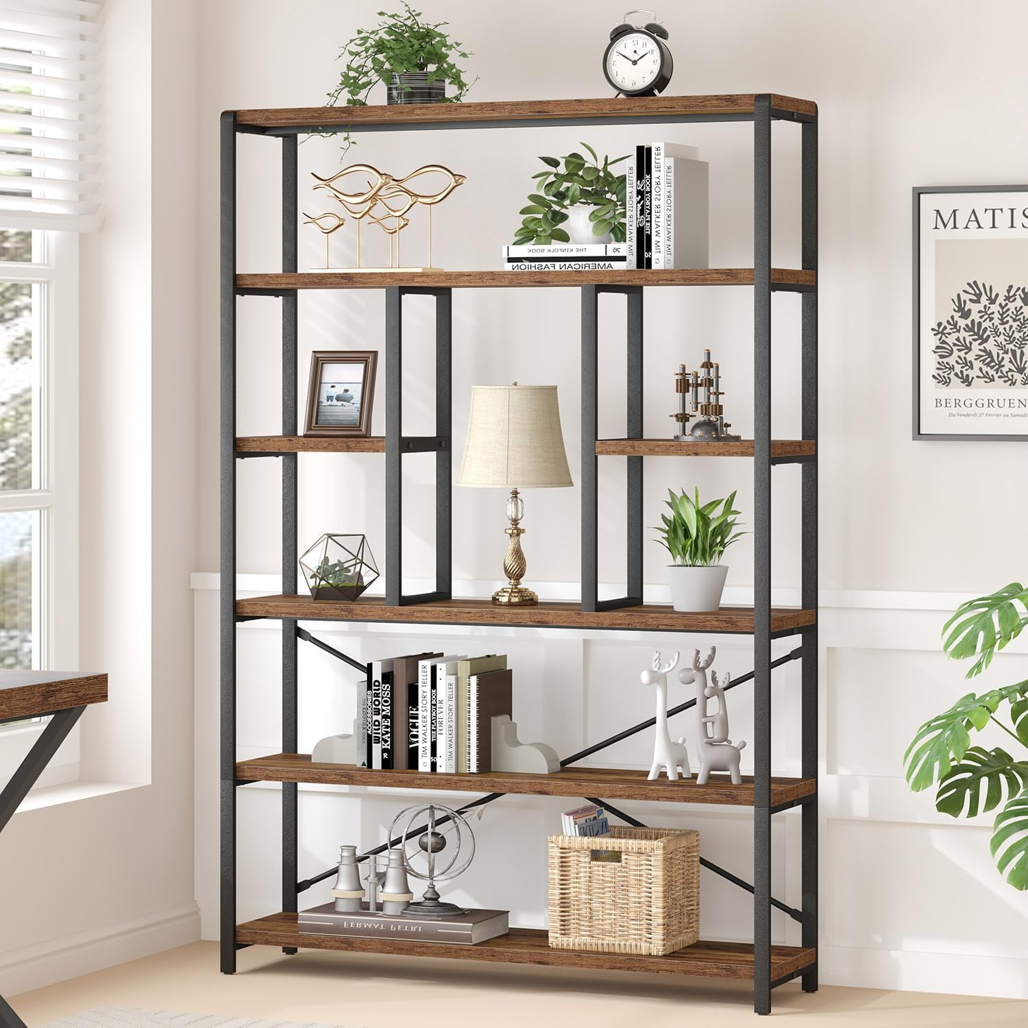 LVB Rustic Bookcases and Book Shelves, Metal Wood 6 Tier Bookshelf and ...