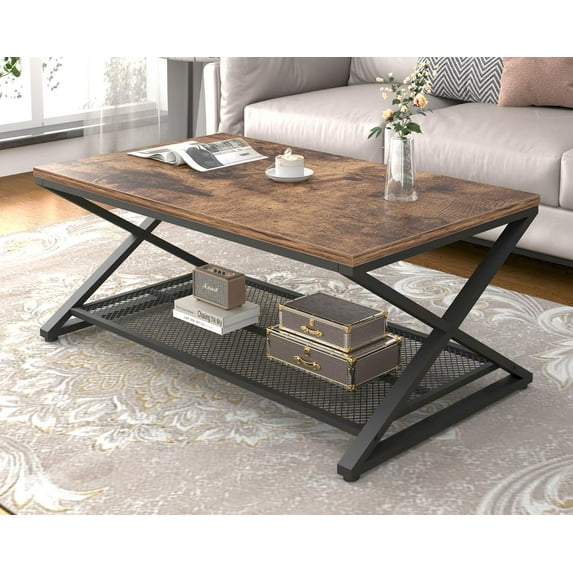 LVB Rustic Coffee Table,Industrial Metal Wood 2 Tier Cocktail Tea Table with Storage for Living Room, Farmhouse Wooden Rectangle Center Table with Mesh Shelf for Office Bedroom, 39 inch, Rustic Brown