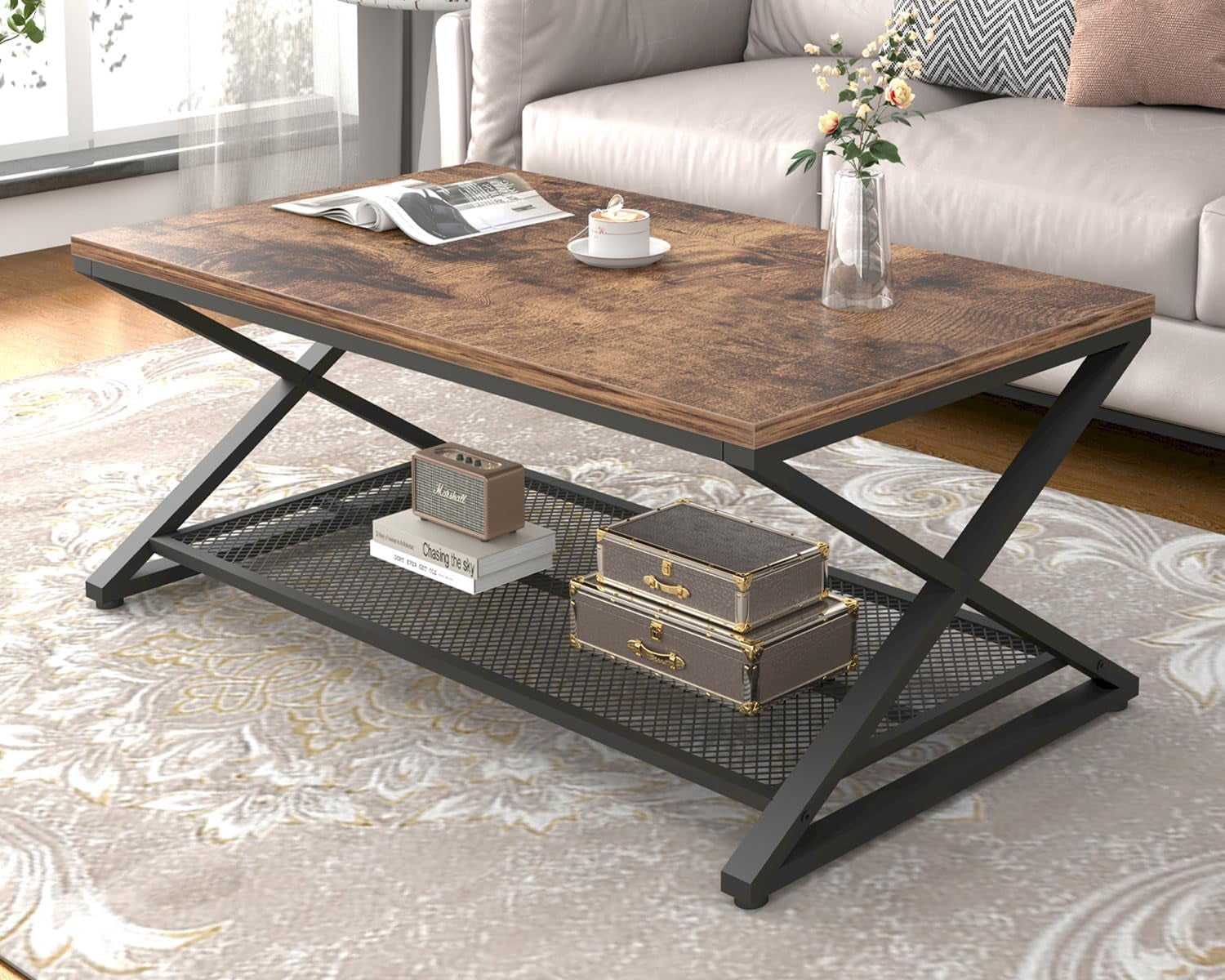 LVB Rustic Coffee Table, Industrial Metal Wood 2 Tier Cocktail Tea ... - Gray Coffee Table With Industrial Metal And Reclaimed Wood Shelves