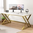 thumbnail image 1 of LVB White and Gold Desk, Modern Wood Home Office Computer Desk, Metal Study Executive Writing Table for Gaming Writing Work, Farmhouse Simple Compact Student PC Desk for Bedroom, 55 Inch, 1 of 18