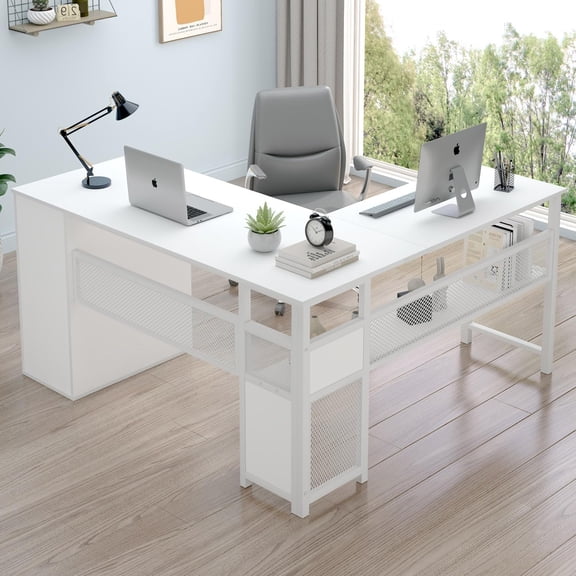 LVB White L Shaped Corner Desk with Drawers, Reversible Modern L-Shaped Computer Desk with Storage Cabinet Shelves, Large Wood Metal L Shape Home Office Desk for Work Study Writing Gaming, 59 Inch
