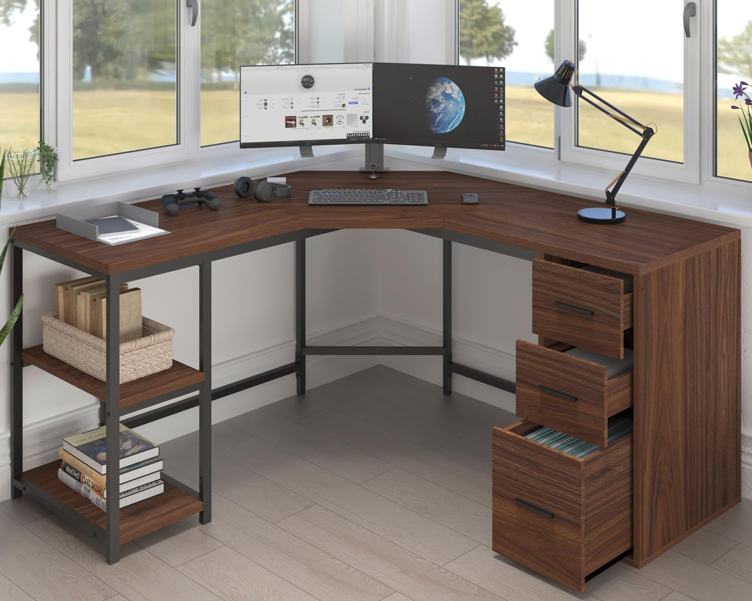 LVB White L Shaped Corner Desk with Drawers, Reversible Modern LShaped