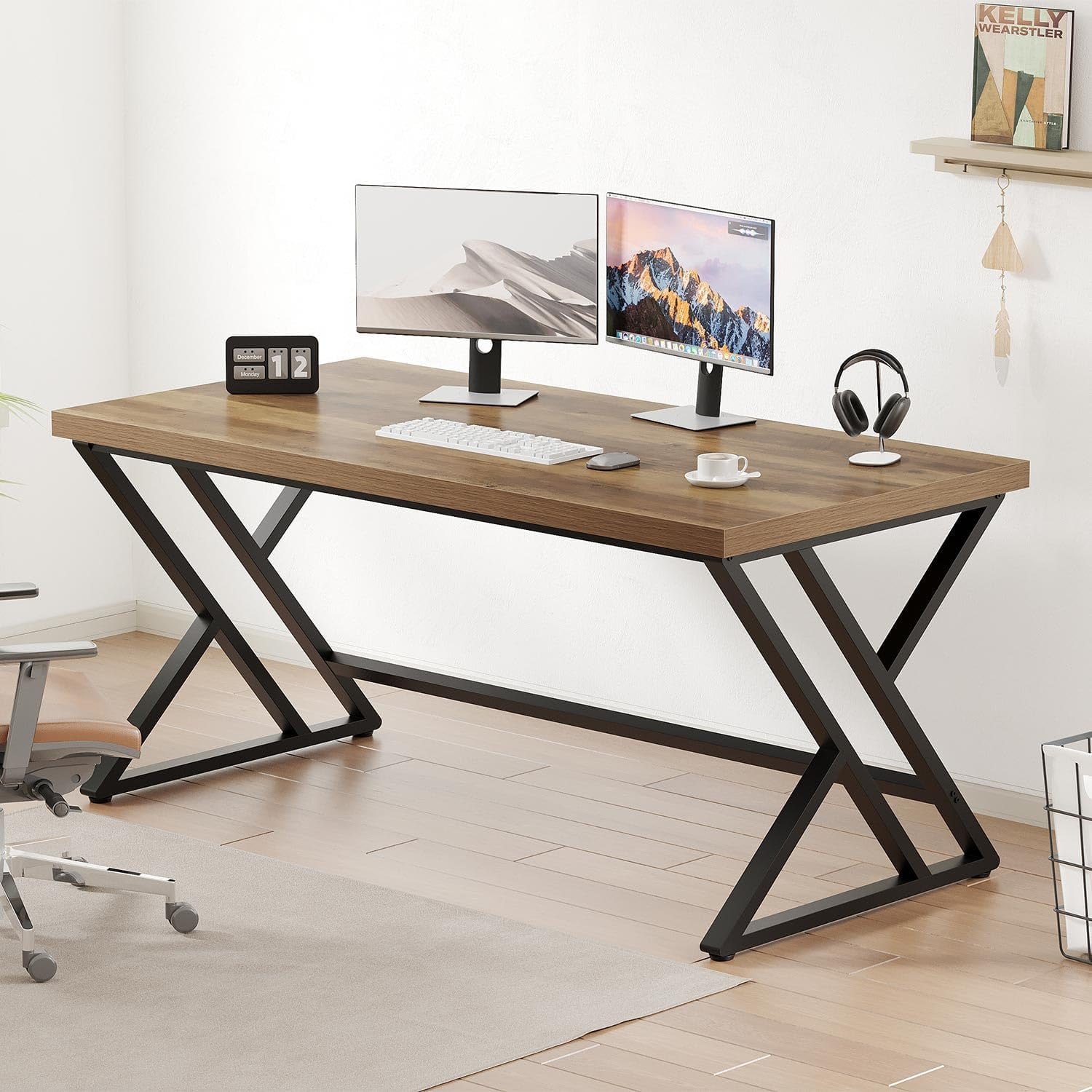 LVB Wood Computer Desk, Rustic Home Office Executive Desk for Bedroom,  Wooden Computer Writing Study Work Gaming Table, Modern Metal PC Student Simple Desk with Storage, 55 Inch, Rustic Oak