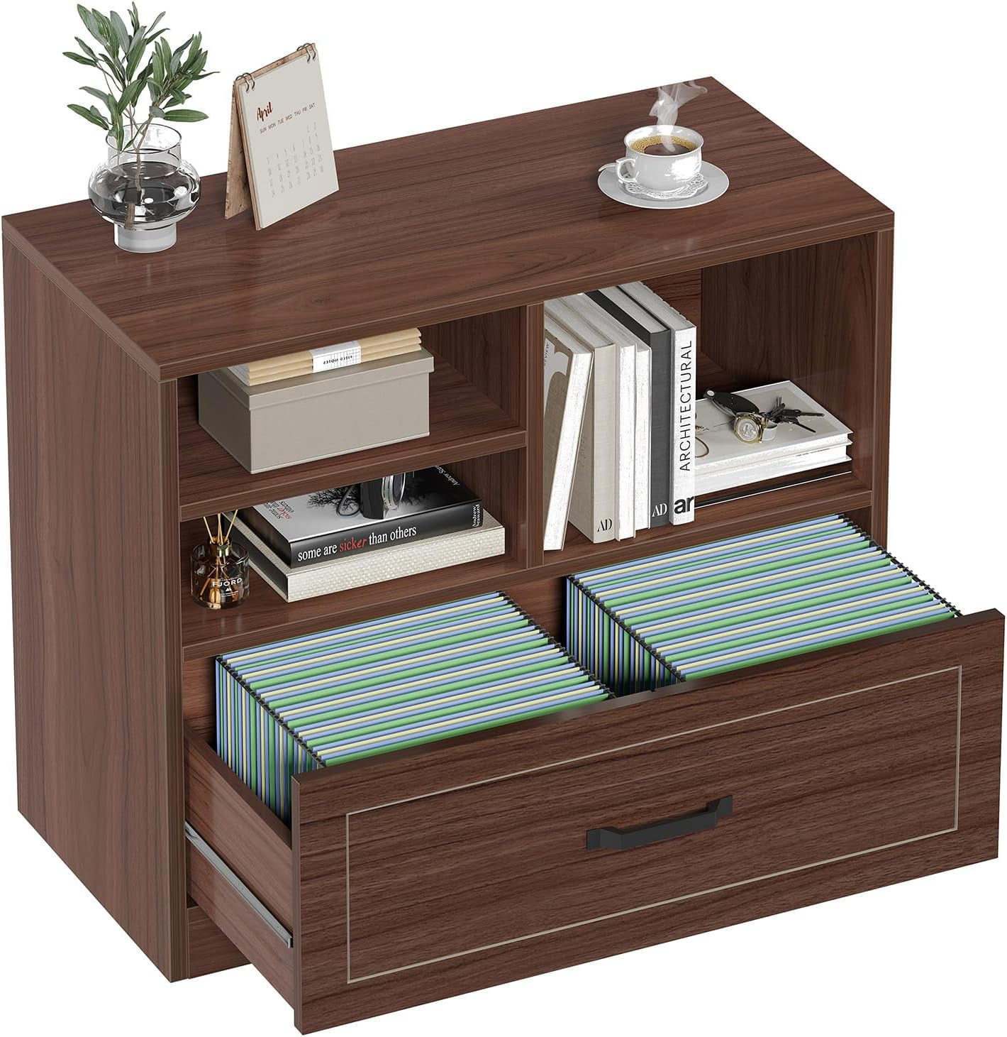 LVB Wood Lateral Filing Cabinet Drawer, Farmhouse File Cabinet Printer Stand with Storage Shelves, Printer Cabinet Fits A4 Letter Legal Size with Hanging File Folder for Home Office, 32.7" Walnut