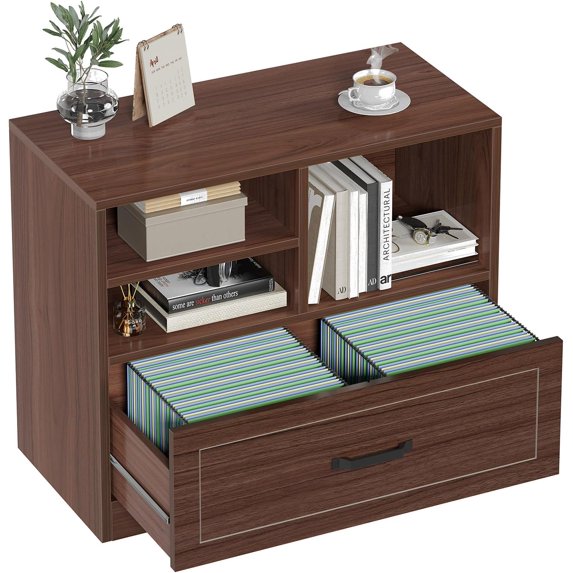 LVB Wood Lateral Filing Cabinet Drawer, Farmhouse File Cabinet Printer Stand with Storage Shelves, Printer Cabinet Fits A4 Letter Legal Size with Hanging File Folder for Home Office, 32.7" Walnut