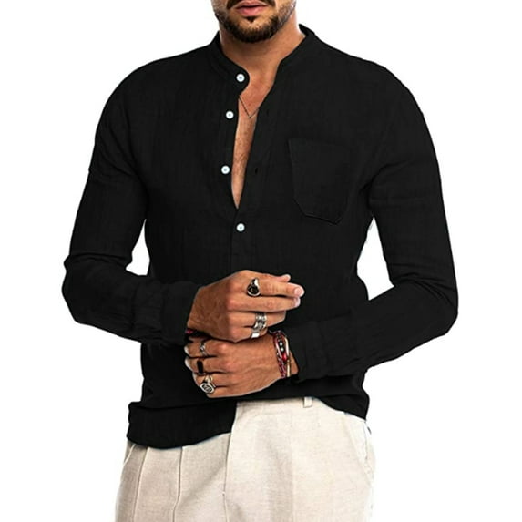 LVCBL Button-Up Shirt Men Long Sleeve Men Linen Shirt Casual Shirt Black M