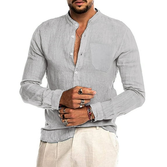 LVCBL Casual Shirts Men Long Sleeve Stand-up Collar Shirt Gathering Light Gray 2XL