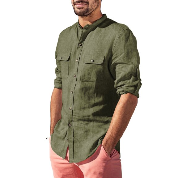 LVCBL Linen Men's Casual Shirt Roll Up Sleeve Stand-Up Collar Army Green 3XL