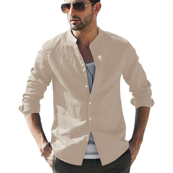 LVCBL Men's Casual Shirt Normal Heard Stand-Up Collar Shirt Casual Shirt Khaki 3XL