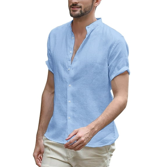 LVCBL Men's Casual Shirt with V-neck with Button Daily Clothing Light Blue L