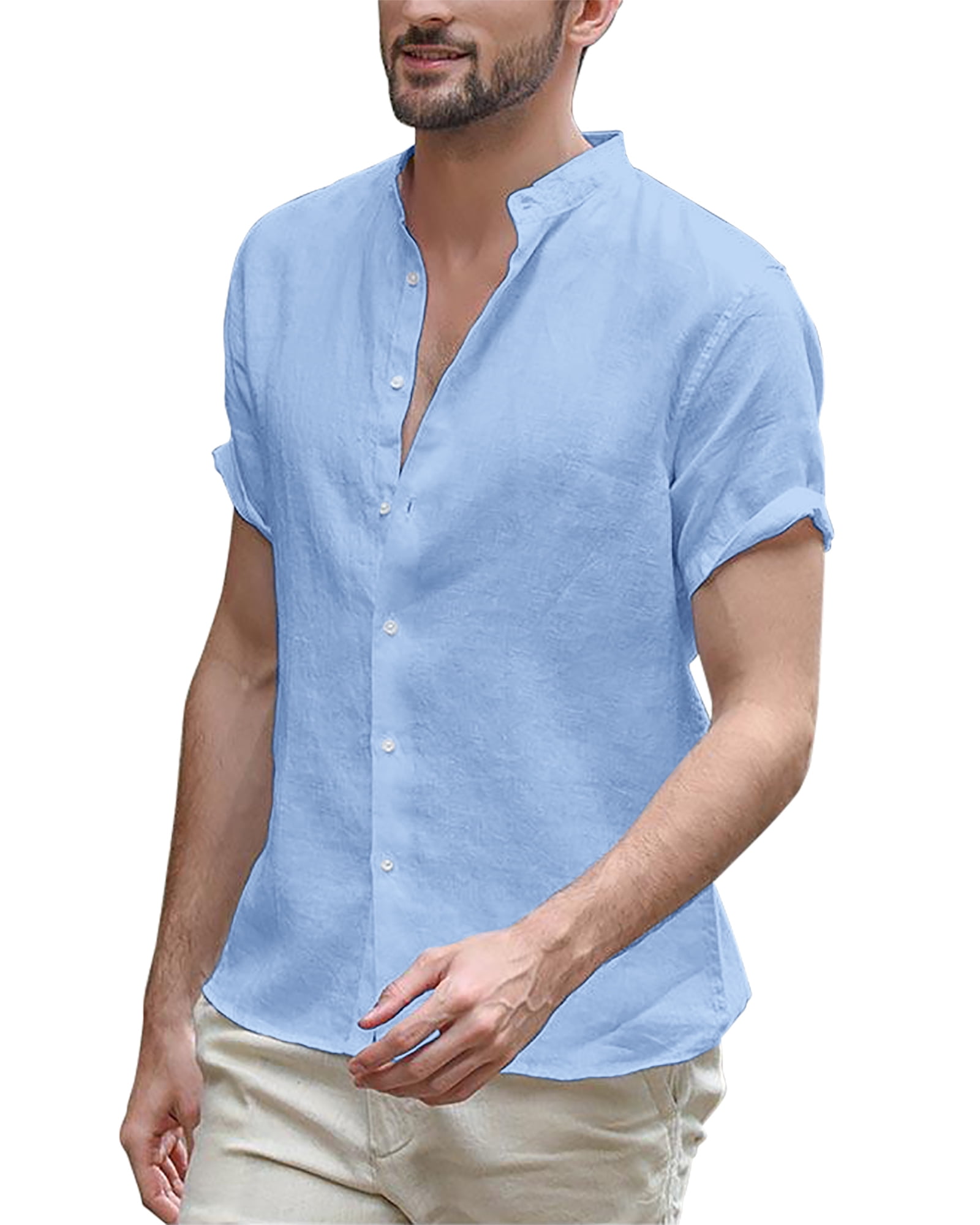 White Blue Beige Men's Stand Collar Short Sleeves Casual Linen Shirt