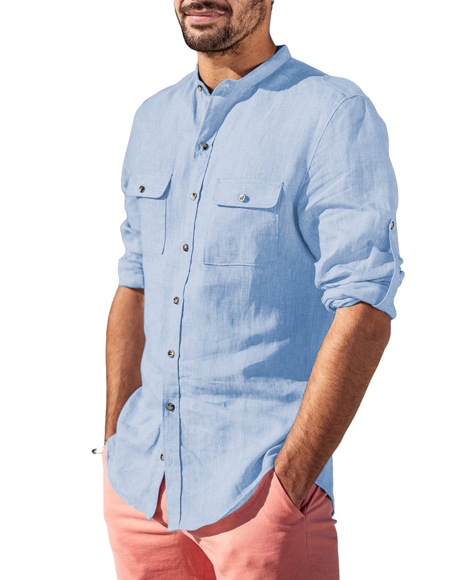 Camicia Uomo In Cotone E Lino Manica Lunga Con Colletto Alla Coreana - Tops Casual Con Tasche, Morbida E Traspirante Per L'estate - 2