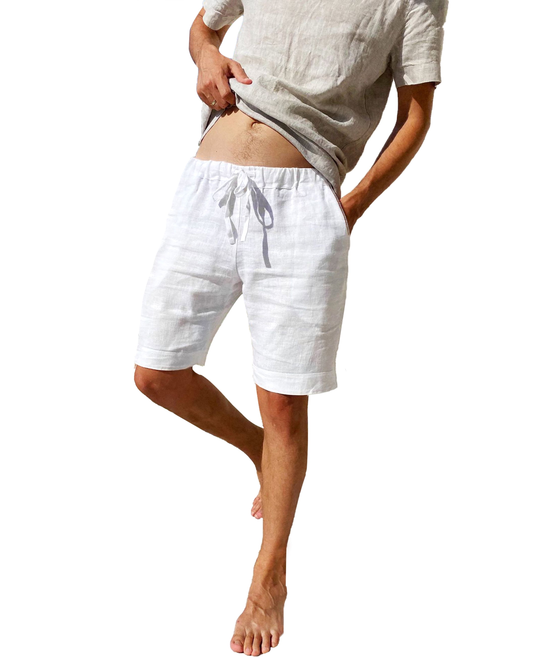 LVCBL Men's Linen Shorts Casual Drawstring White Linen Beach Shorts ...