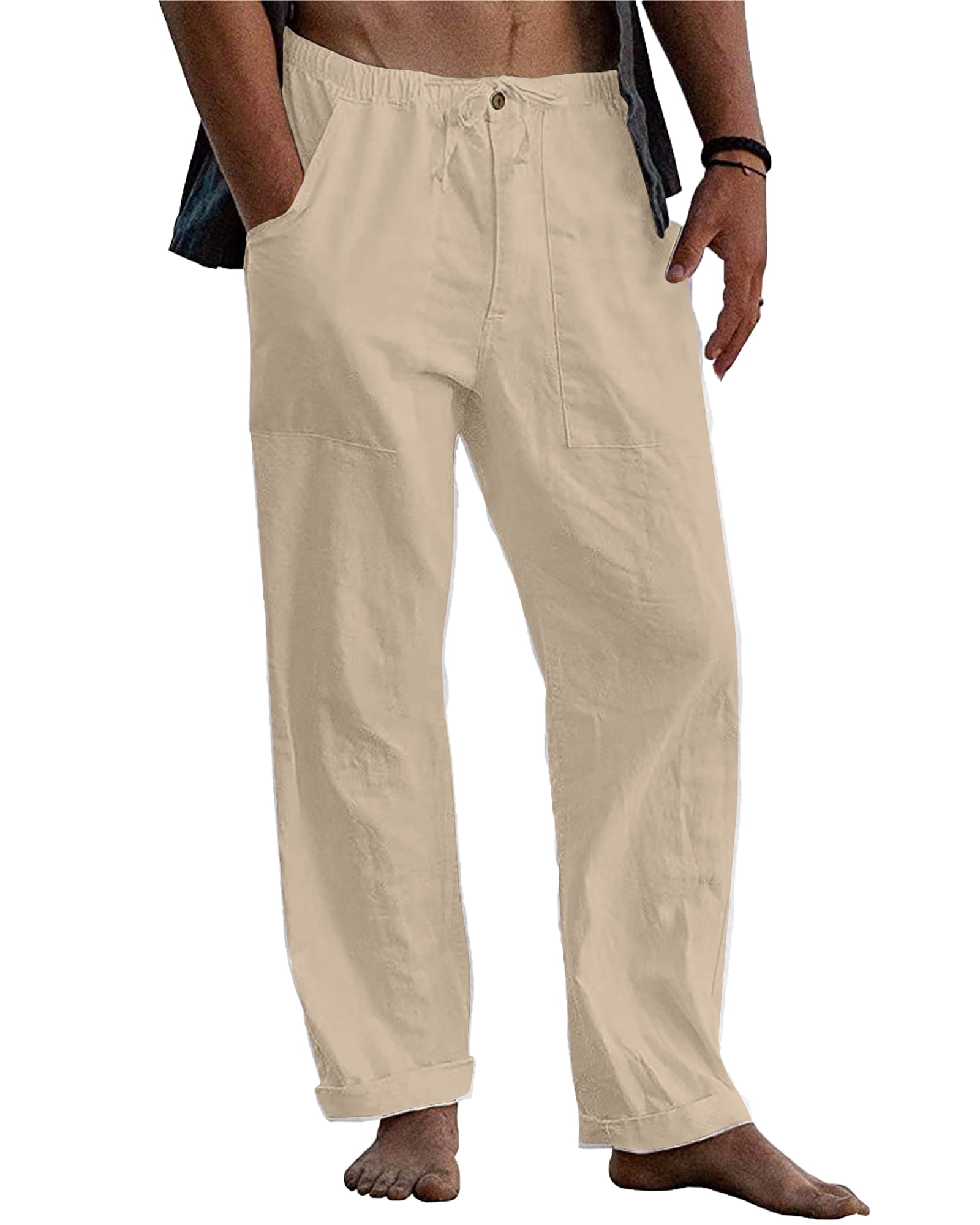 LVCBL Men's Summer Loose Casual Linen Long Trousers with Pockets ...