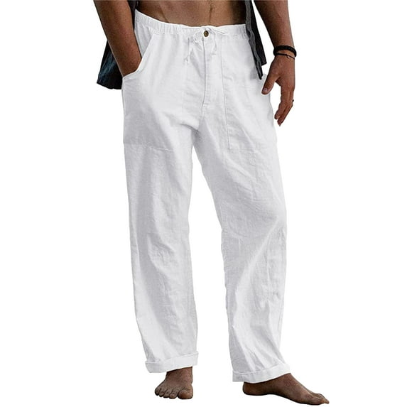 LVCBL Men's Summer Loose Casual Linen Long Trousers with Pockets Elastic Waist M-3XL