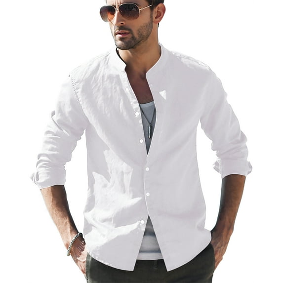 LVCBL Men's V-neck Casual Shirt with Button Daily Clothing White L