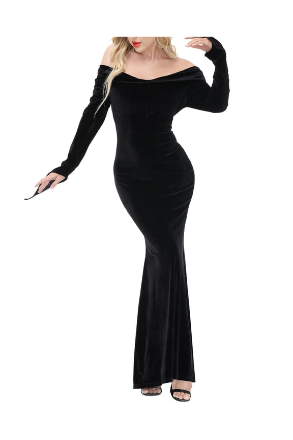 Morticia Floor Dress Costume Sexy Gothic Vintage Dress with Wig 2XL