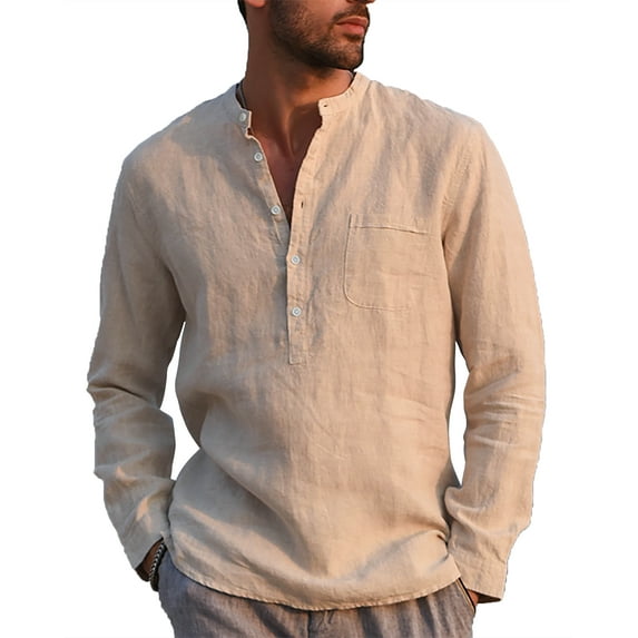 LVCBL Plus Size Men's Casual Shirt with Pockets Normal Belonged Stand-Up Collar Shirt Khaki 3XL