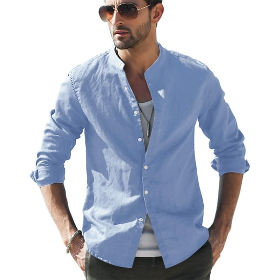 LVCBL Plus Size Men's Casual Shirt with Pockets Normal Belonged Stand-Up Collar Shirt Light Blue 3XL