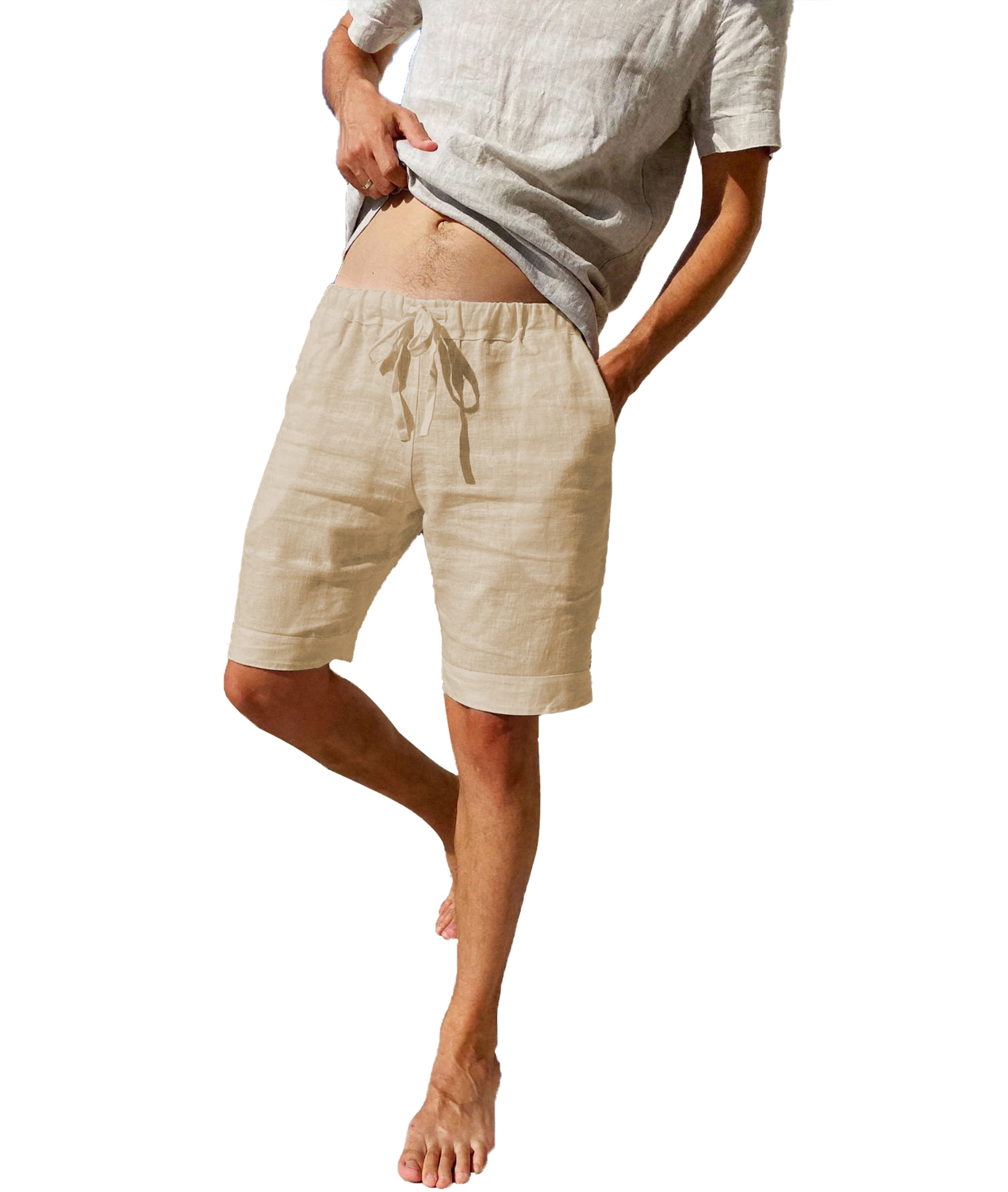 LVCBL Men's White Linen Shorts, Casual Wear with Pockets, Khaki 3XL ...