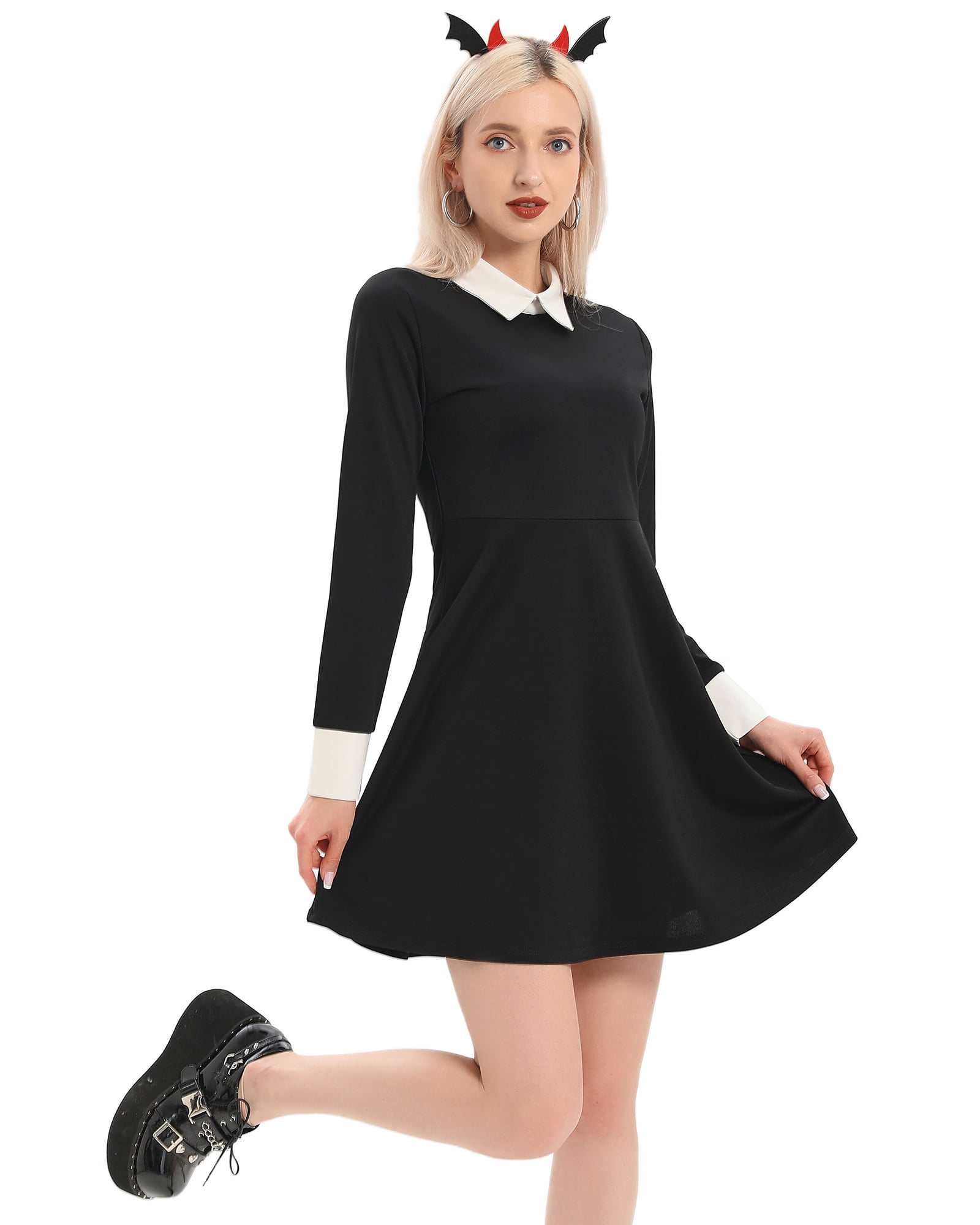 black a line dress with white collar Miss Circle Women Ignacia Office Casual Black and White Halter Mini A-line Dress