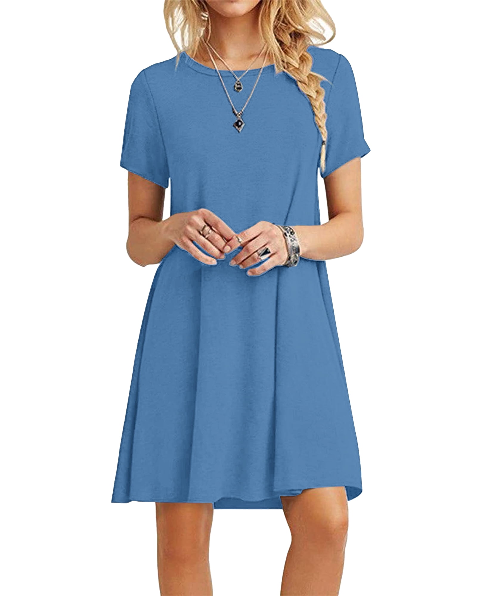 LVCBL Women's Summer Casual Plain Simple TShirt Loose Dresses Short