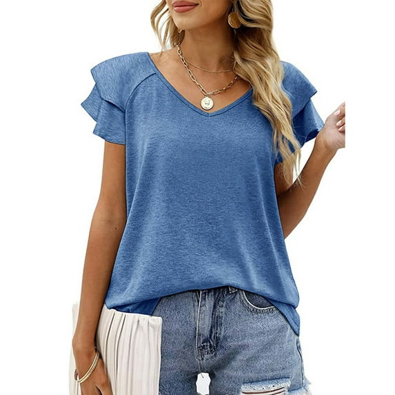 LVCBL Womens Summer Tops Ruffle Short Sleeve V Neck T-Shirts Casual Loose Fit Top S-2XL