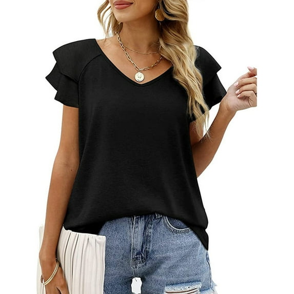 LVCBL Womens Summer Tops Ruffle Short Sleeve V Neck T-Shirts Casual Loose Fit Top S-2XL
