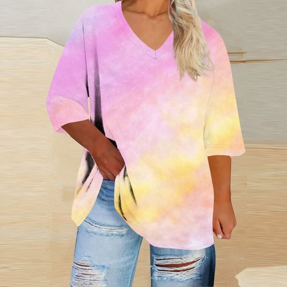 LVHAOGJOB 3/4 Sleeve Tops for Women Plaid Knit T Shirt Plus Size Pullover Daily Relaxed fit Blue Ladies Shirts V Neck