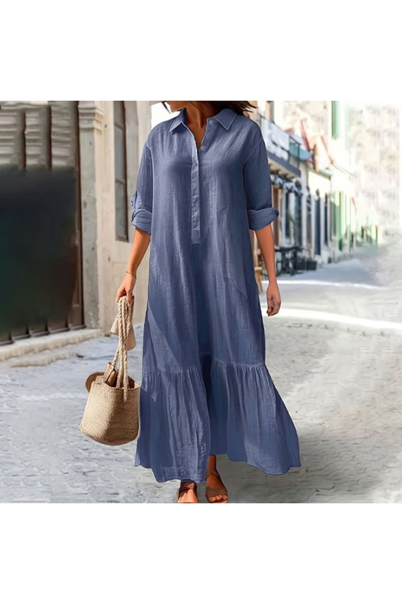 Cotton Linen Dresses for Women Plus Size Maxi Dress Long Summer Solid Color Short Sleeve Flowy Ladies Sundress Loose