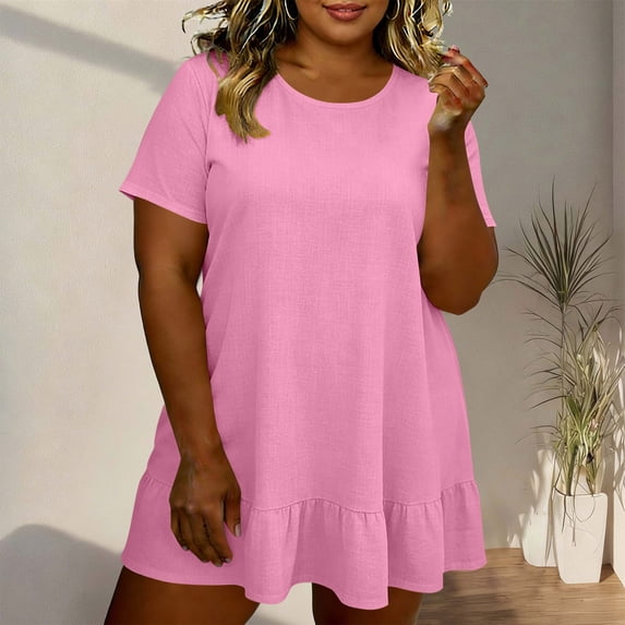 LVHAOGJOB Dress for Women Summer Flowy Mini Dress Print Swing Pink Ruffle Short Sleeve Ladies Sundress Boho
