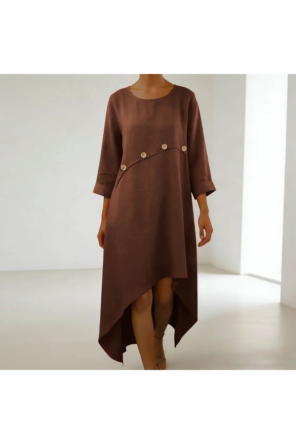 Dresses for Women Cotton Linen Maxi Dress Summer Long 3/4 Sleeve for Beach Vacation Loose Ladies Sundress Solid Color