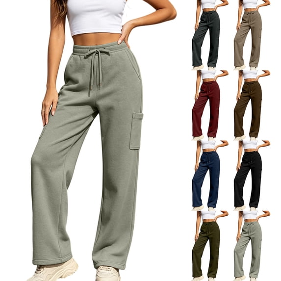 LVHAOGJOB Elastic Waisted Sweatpants for Women Athletic Workout Pants Wide Leg Drawstrings with Pockets Stretch Ladies Pants