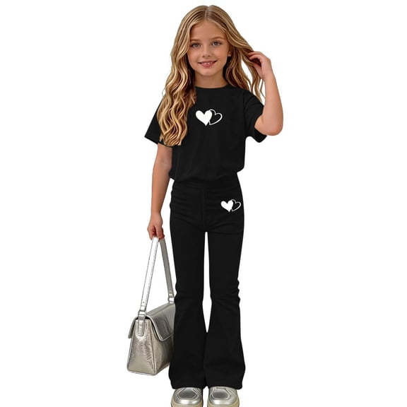 LVHAOGJOB Girls Graphic Tee and Flare Pants Set, Short Sleeve, 2 Piece Outfit
