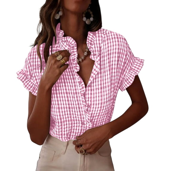 LVHAOGJOB Graphic Tees for Women Cotton Button Down Shirts Short Sleeve V Neck Ruffle Daily Loose Ladies Tops Ruffle