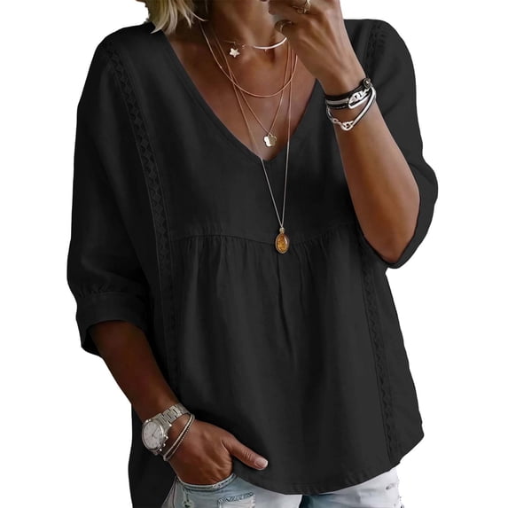 LVHAOGJOB Long Sleeve Shirts for Women V-Neck T Shirts Pullover Plus Size Comfy Solid Color Juniors Tops
