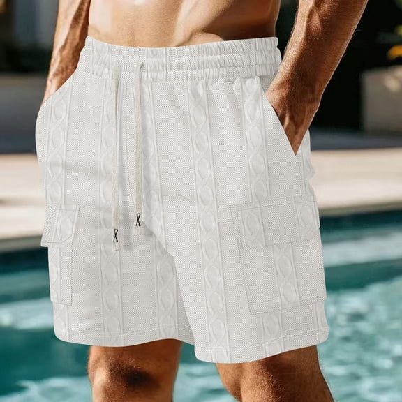 LVHAOGJOB Mens Shorts Utility Pants Elastic Waist with Pockets Solid White Knee Length Shorts for Men Summer