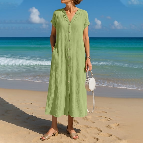 LVHAOGJOB Plus Size Dresses for Women Summer Maxi Dress Long Cotton Linen V Neck Solid Color Mujers Sundress Short Sleeve