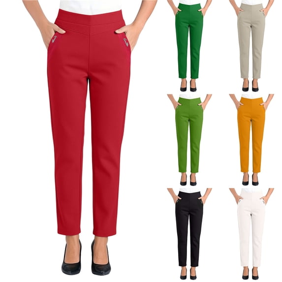 LVHAOGJOB Plus Size Pants for Women Length Elastic Waist Breathable with Pockets Loose Fit Straight Leg Ladies Solid