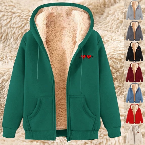 LVHAOGJOB Sherpa Lined Jackets for Women Fleece Long Sleeve Zipper Winter Plus Size Warmth Hoodie Ladies Coats Graphic