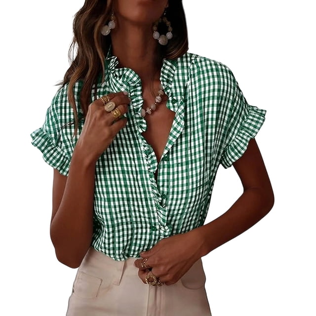 LVHAOGJOB Short Sleeve Tees for Women Summer Shirts V Neck Ruffle Cotton Tunic Button Down Womens Tops Ruffle
